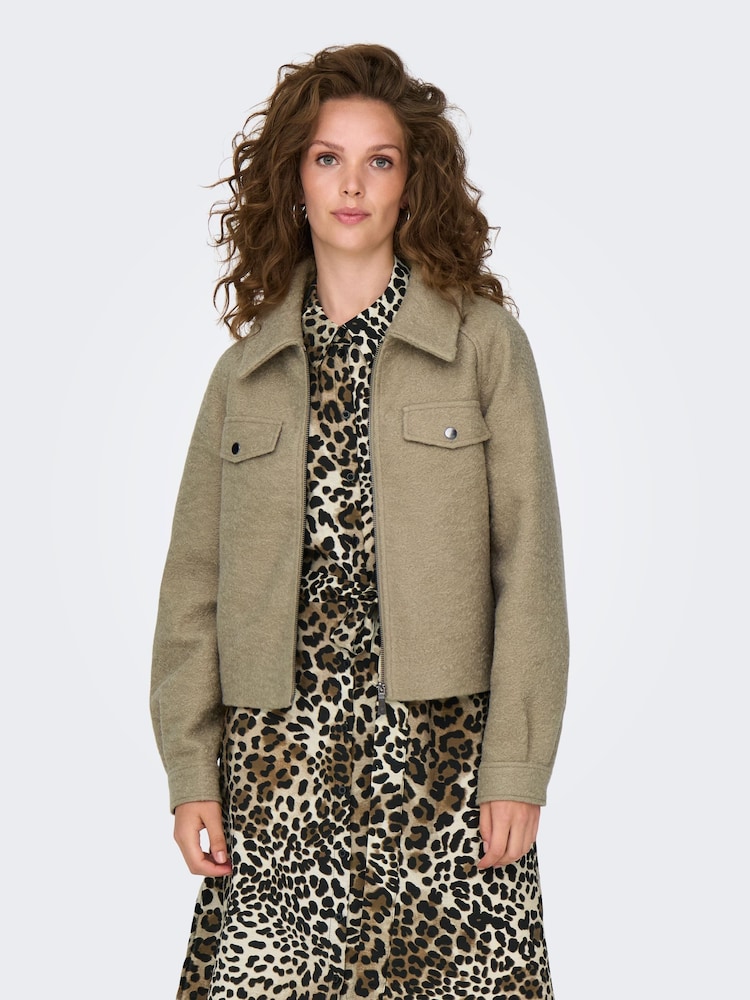 JDY Natural Zip Through Boucle Jacket - Image 1 of 7