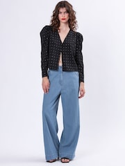 Religion Blue Eccentric Denim Look Wide Leg 100% Cotton Trousers - Image 1 of 6