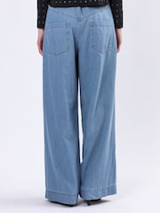 Religion Blue Eccentric Denim Look Wide Leg 100% Cotton Trousers - Image 3 of 6