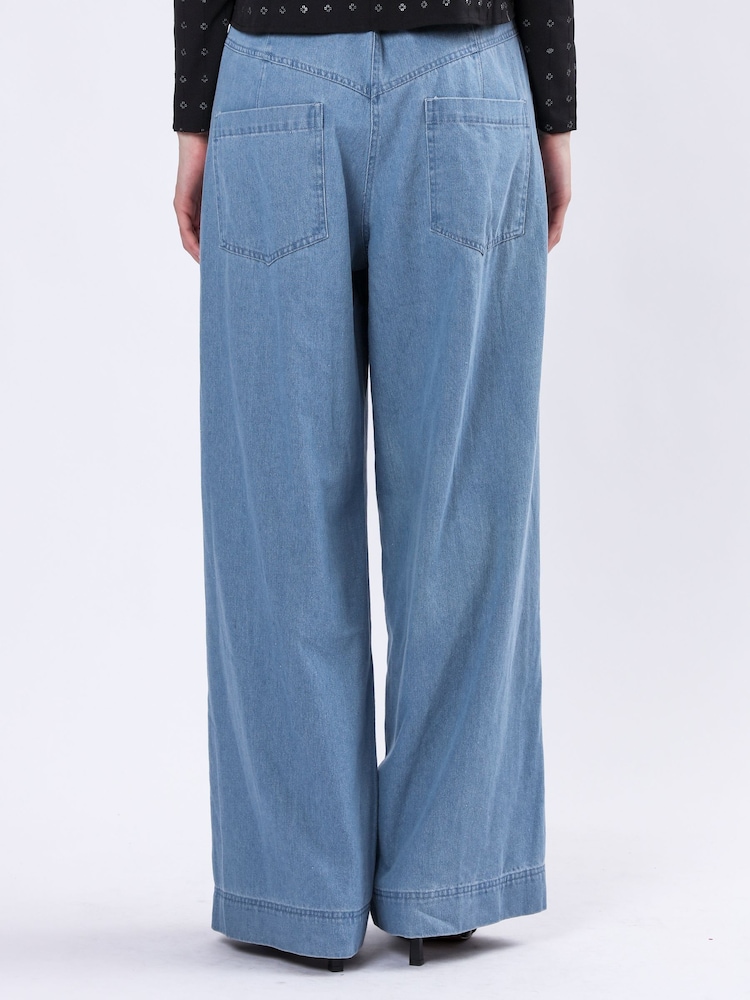 Religion Blue Eccentric Denim Look Wide Leg 100% Cotton Trousers - Image 3 of 6