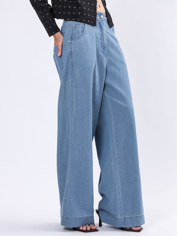 Religion Blue Eccentric Denim Look Wide Leg 100% Cotton Trousers - Image 4 of 6