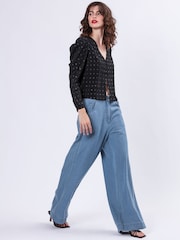 Religion Blue Eccentric Denim Look Wide Leg 100% Cotton Trousers - Image 5 of 6