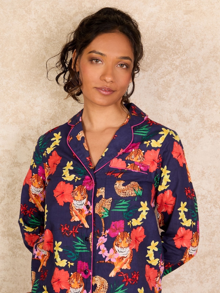 Their Nibs Navy Tropical Tiger 100% Cotton Long Traditional Pyjamas Set - Image 4 of 4