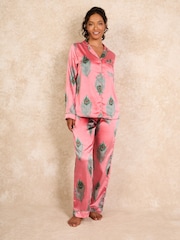 Their Nibs Pink Peacock Feather Satin Long Traditional Pyjamas Set - Image 2 of 5