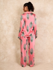 Their Nibs Pink Peacock Feather Satin Long Traditional Pyjamas Set - Image 3 of 5