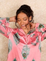 Their Nibs Pink Peacock Feather Satin Long Traditional Pyjamas Set - Image 4 of 5