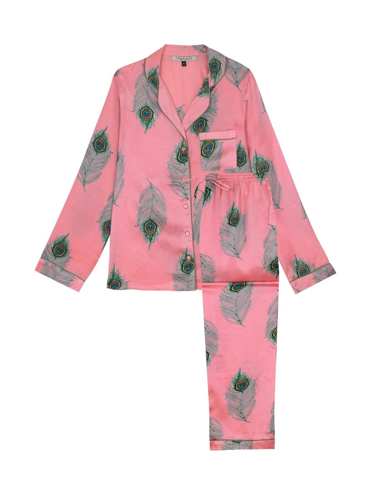 Their Nibs Pink Peacock Feather Satin Long Traditional Pyjamas Set - Image 5 of 5