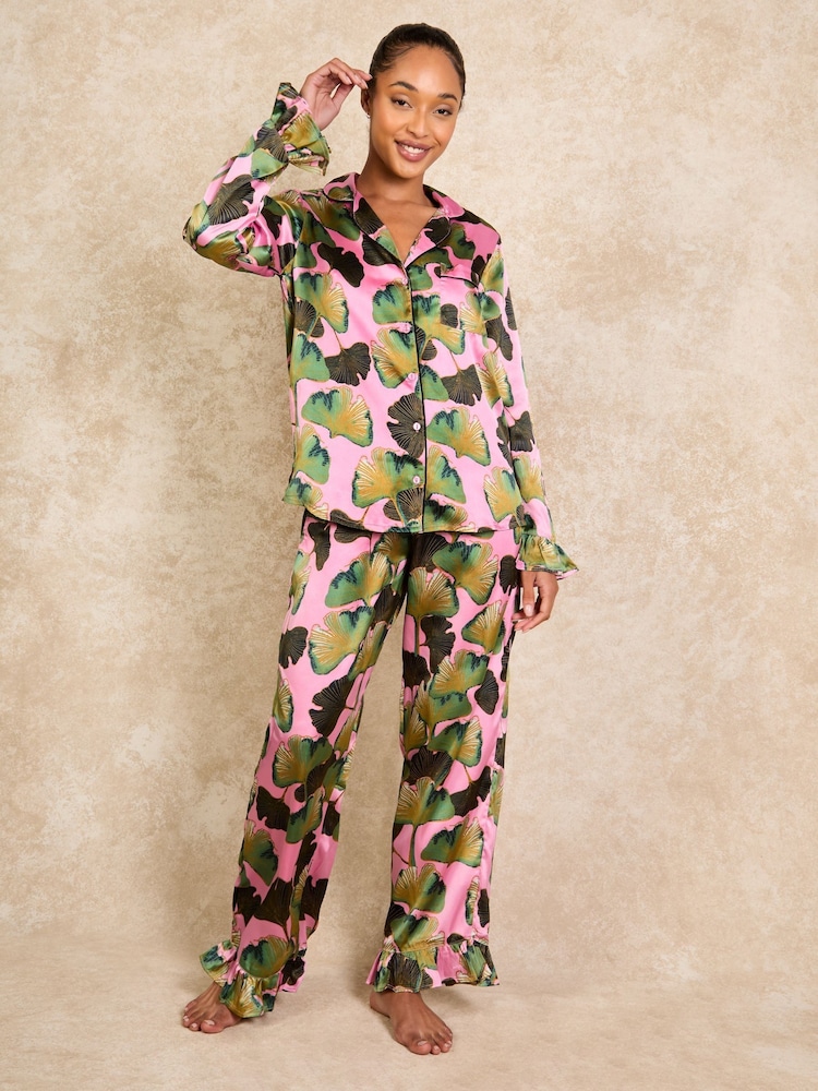 Their Nibs Hot Pink Tassle Recycled Satin Frill Traditional Pyjamas Set - Image 1 of 5