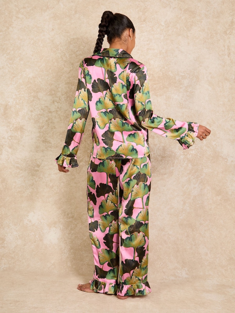 Their Nibs Hot Pink Tassle Recycled Satin Frill Traditional Pyjamas Set - Image 2 of 5