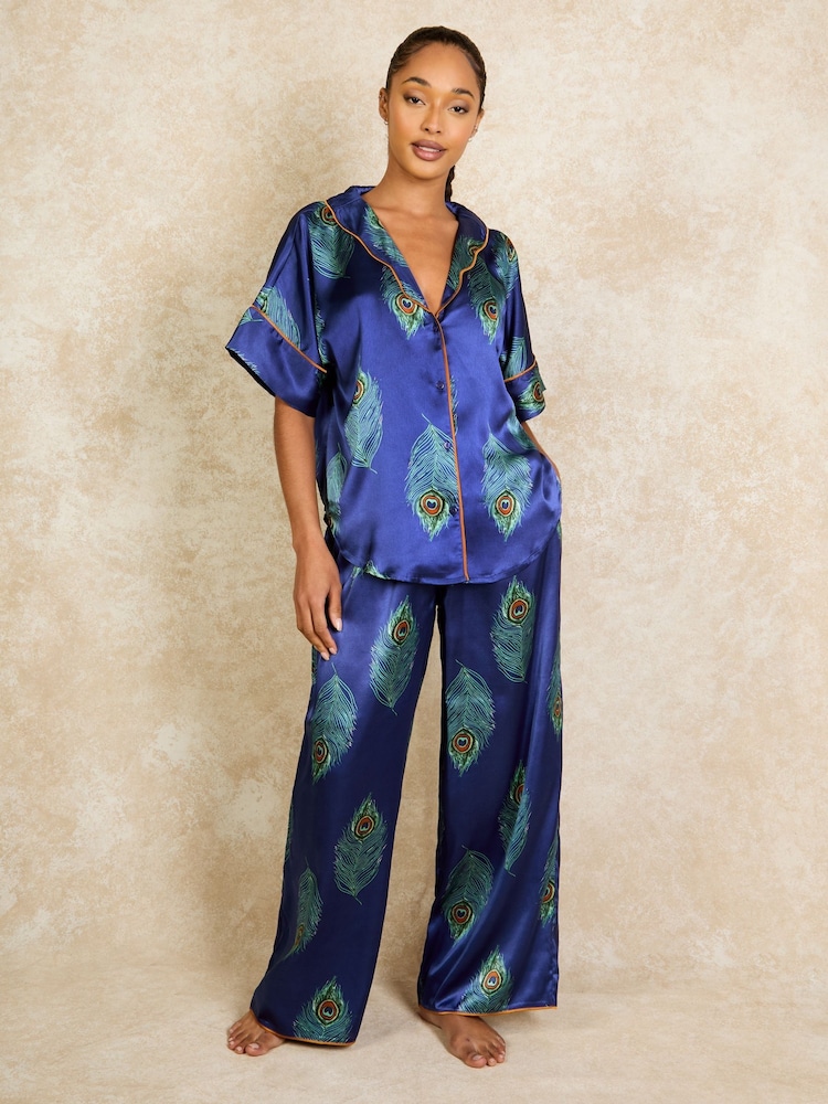 Their Nibs Navy Oversized Ferns Satin Long Pyjamas Set - Image 2 of 5