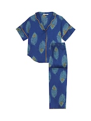 Their Nibs Navy Oversized Ferns Satin Long Pyjamas Set - Image 5 of 5