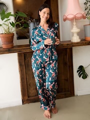 Their Nibs Navy Flamingo Recycled Satin Long Traditional Pyjamas Set - Image 1 of 4
