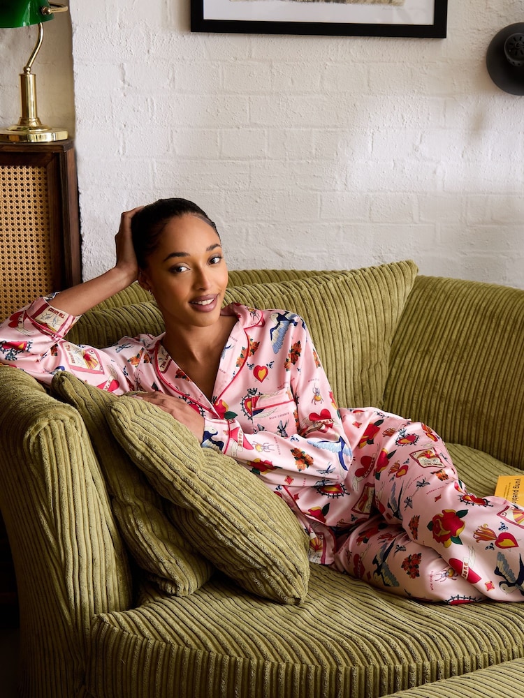 Their Nibs Pink Mon Coeur Recycled Satin Long Traditional Pyjamas Set - Image 1 of 5 Their Nibs Pink Mon Coeur Recycled Satin Long Traditional Pyjamas Set - Image 1 of 5