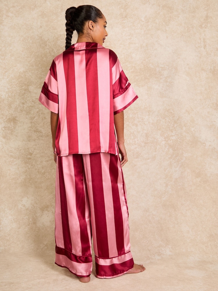 Their Nibs Raspberry Pink Oversized Ferns Recycled Satin Long Pyjamas Set - Image 2 of 4
