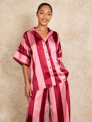 Their Nibs Raspberry Pink Oversized Ferns Recycled Satin Long Pyjamas Set - Image 3 of 4