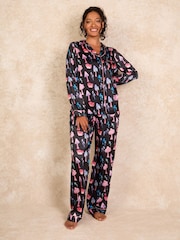 Their Nibs Black Pretty Mushrooms Recycled Satin Long Traditional Pyjama Set - Image 3 of 5