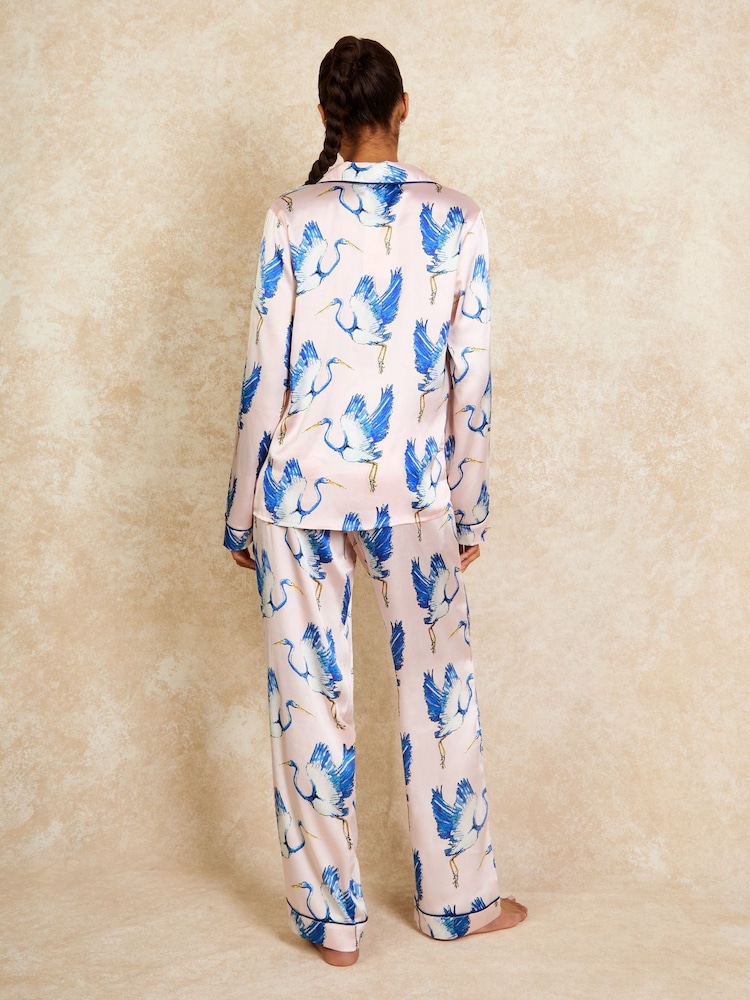 Their Nibs Pink Great Heron Recycled Satin Long Traditional Pyjamas Set - Image 2 of 5 Their Nibs Pink Great Heron Recycled Satin Long Traditional Pyjamas Set - Image 2 of 5
