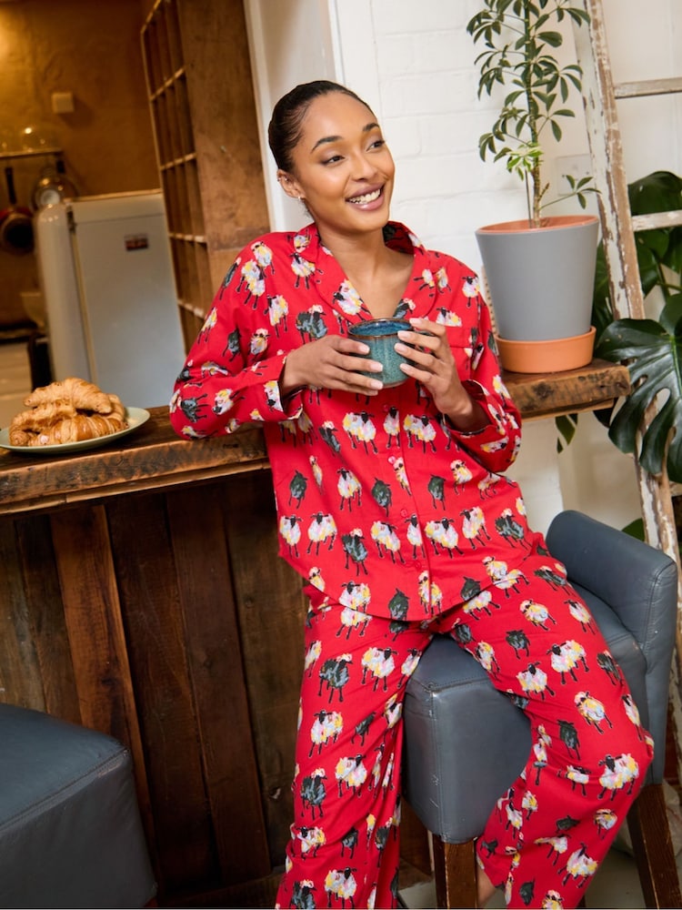 Their Nibs Red Counting Sheep 100% Cotton Traditional Long Pyjamas - Image 1 of 5