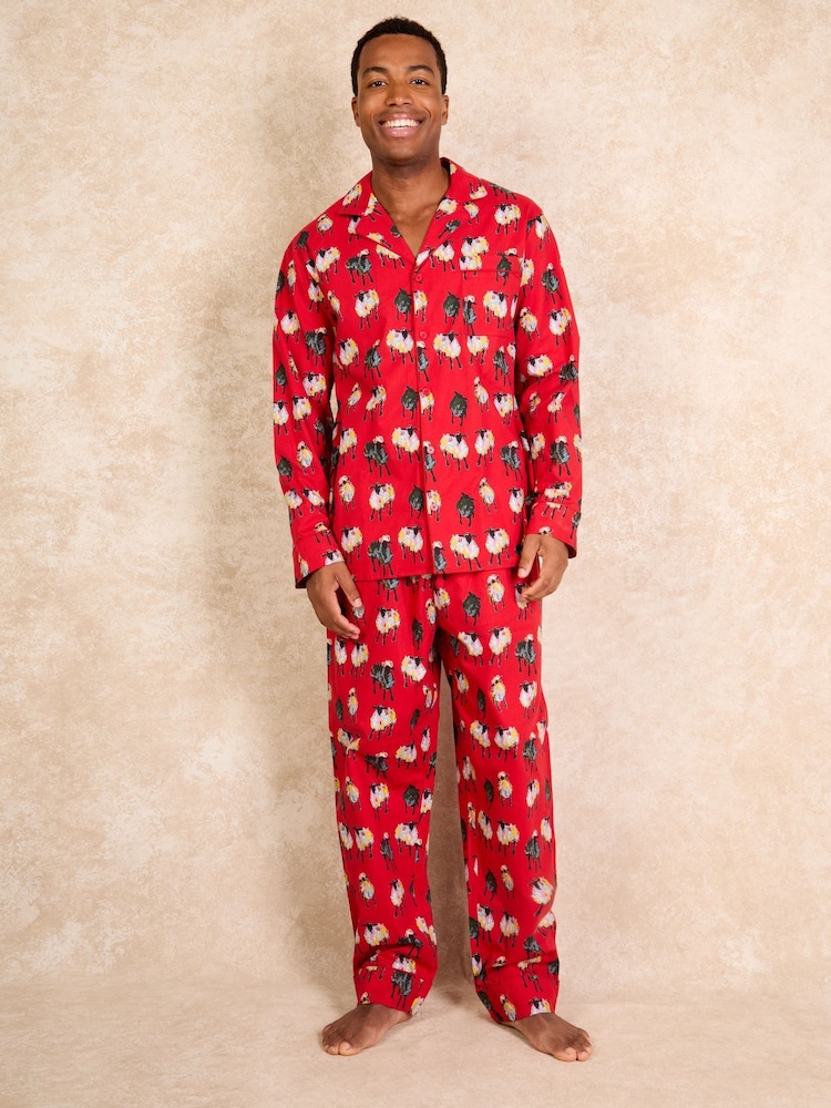 Their Nibs Red Counting Sheep 100% Cotton Traditional Long Pyjamas - Image 1 of 4