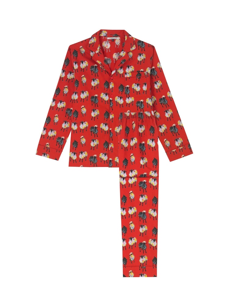 Their Nibs Red Counting Sheep 100% Cotton Traditional Long Pyjamas - Image 4 of 4