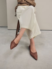 Tan Brown Signature Premium Leather Point Toe Ruched Ballerinas - Image 1 of 11