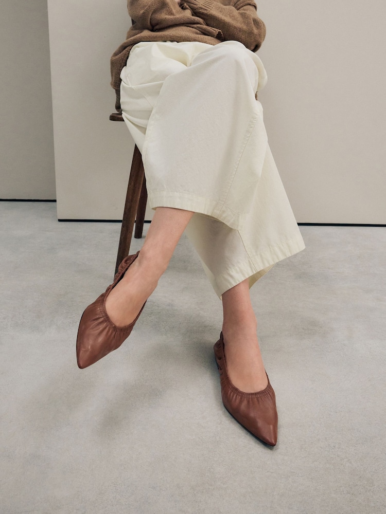 Tan Brown Signature Premium Leather Point Toe Ruched Ballerinas - Image 1 of 11