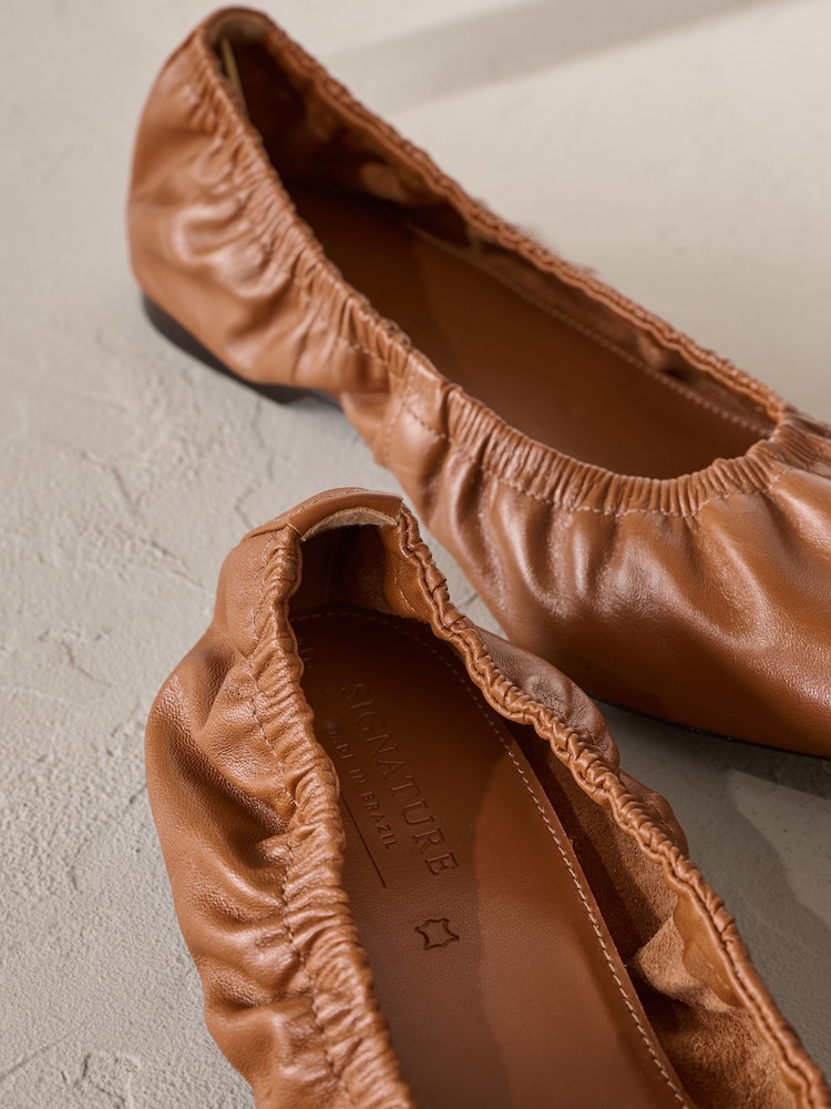 Tan Brown Signature Premium Leather Point Toe Ruched Ballerinas - Image 10 of 11