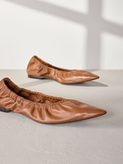 Tan Brown Signature Premium Leather Point Toe Ruched Ballerinas - Image 11 of 11