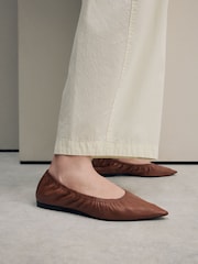 Tan Brown Signature Premium Leather Point Toe Ruched Ballerinas - Image 3 of 11