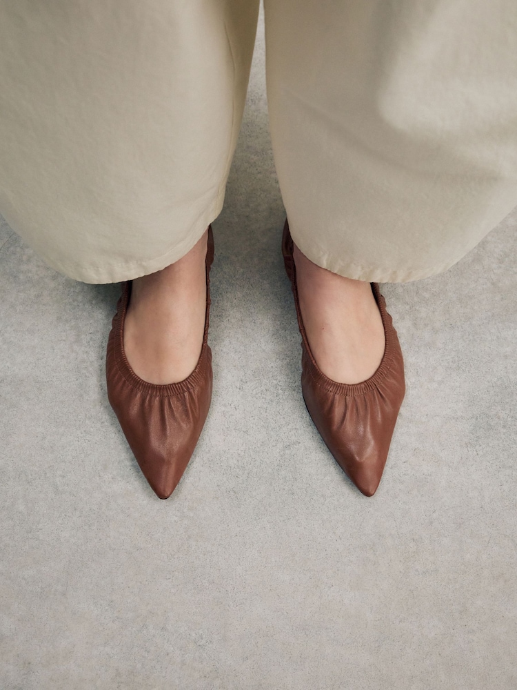 Tan Brown Signature Premium Leather Point Toe Ruched Ballerinas - Image 4 of 11