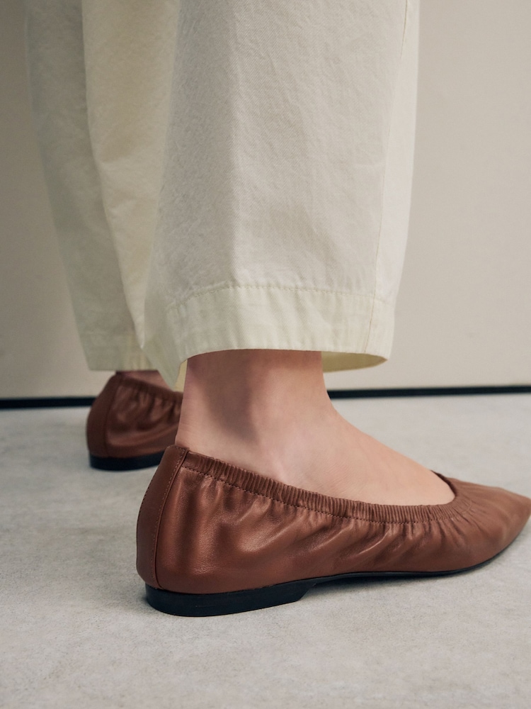 Tan Brown Signature Premium Leather Point Toe Ruched Ballerinas - Image 5 of 11