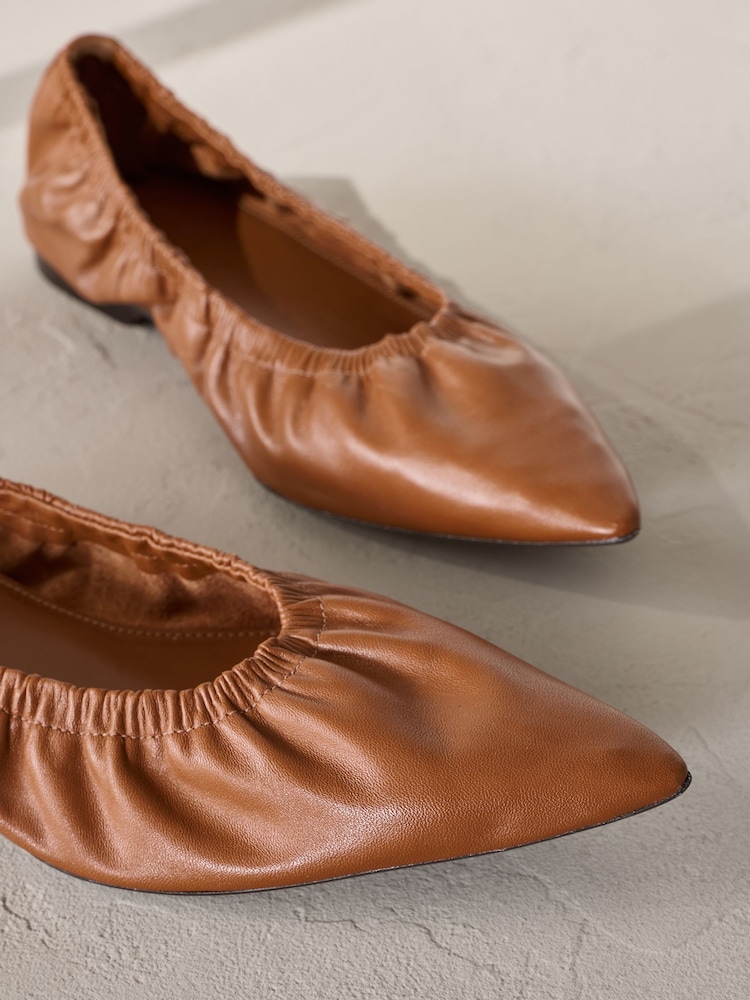 Tan Brown Signature Premium Leather Point Toe Ruched Ballerinas - Image 9 of 11
