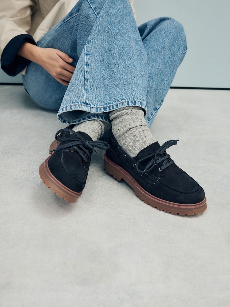 Navy Standard Fit Forever Comfort® Leather Chunky Lace-Up Boat Shoes - Image 1 of 10