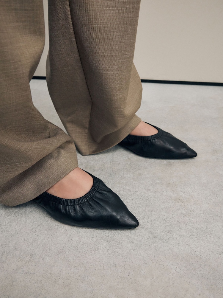 Black Signature Premium Leather Point Toe Ruched Ballerinas - Image 5 of 11