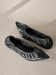 Black Signature Premium Leather Point Toe Ruched Ballerinas - Image 6 of 11