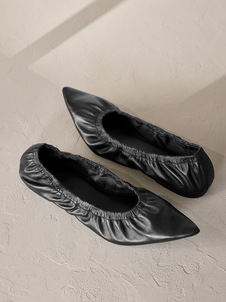 Black Signature Premium Leather Point Toe Ruched Ballerinas - Image 6 of 11