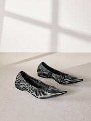 Black Signature Premium Leather Point Toe Ruched Ballerinas - Image 9 of 11
