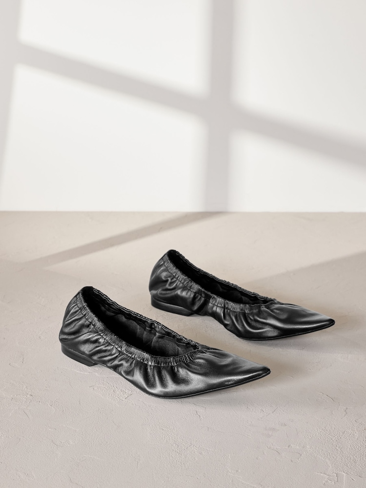 Black Signature Premium Leather Point Toe Ruched Ballerinas - Image 9 of 11