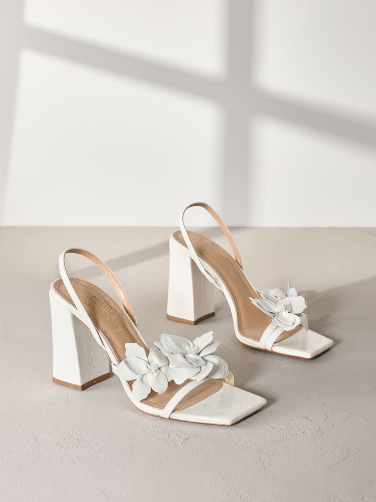 Ivory Signature Premium Leather Flower Detail Square Block Heel Sandals - Image 1 of 6