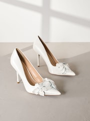 Ivory Signature Premium Leather Point Toe Flower Detail Court Shoes - Image 1 of 6