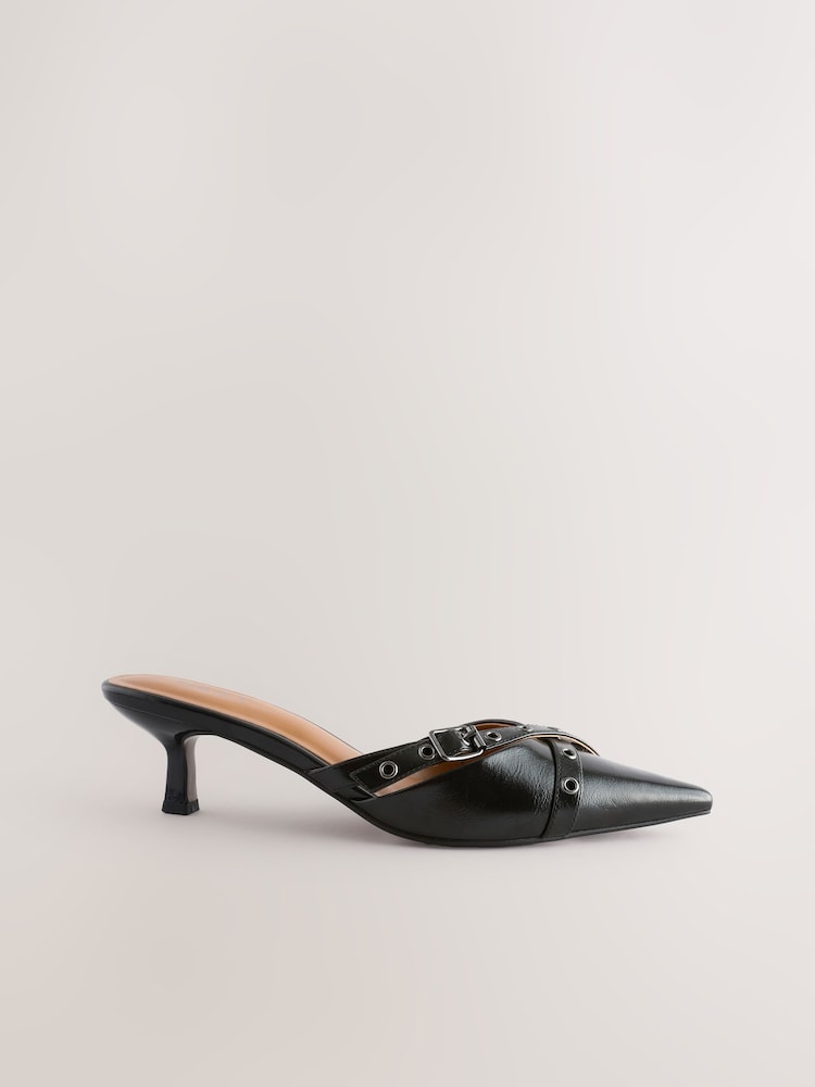 Black Forever Comfort® Point Eyelet Kitten Mules - Image 1 of 1