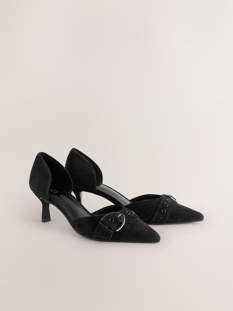Black Forever Comfort® Leather Point Toe Eyelet Buckle Kitten Heel Shoes - Image 1 of 1