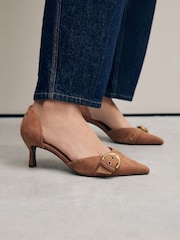 Tan Brown Forever Comfort® Leather Point Toe Eyelet Buckle Kitten Heel Shoes - Image 1 of 1