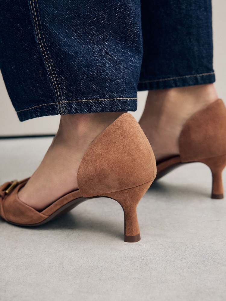 Tan Brown Forever Comfort® Leather Point Toe Eyelet Buckle Kitten Heel Shoes - Image 3 of 6