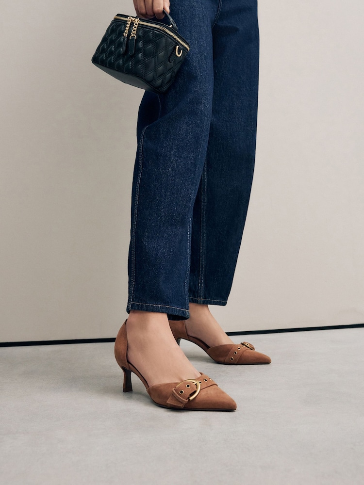 Tan Brown Forever Comfort® Leather Point Toe Eyelet Buckle Kitten Heel Shoes - Image 5 of 6