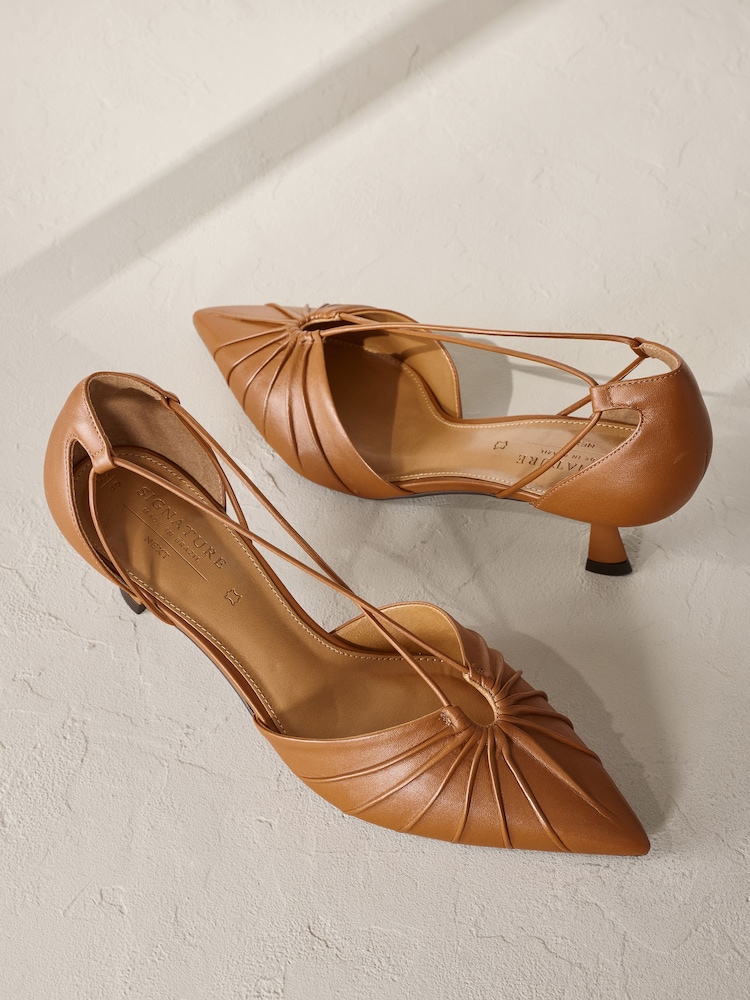 Tan Brown Signature Leather Point Toe Tube Strap Kitten Heels - Image 3 of 6