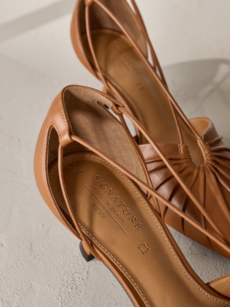 Tan Brown Signature Leather Point Toe Tube Strap Kitten Heels - Image 4 of 6