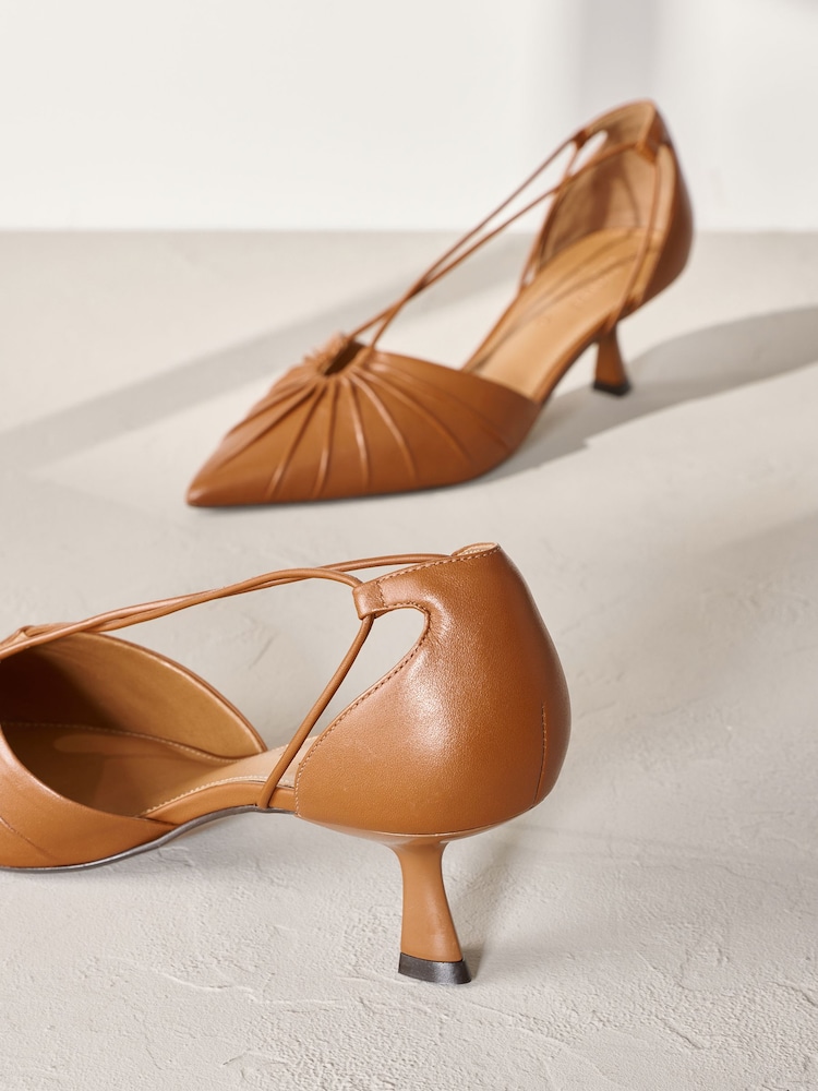 Tan Brown Signature Leather Point Toe Tube Strap Kitten Heels - Image 5 of 6