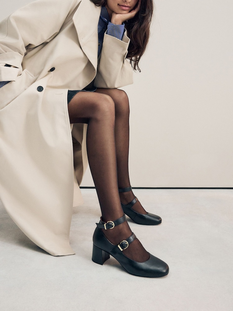 Black Forever Comfort® Round Toe Double Buckle Block Heel Shoes - Image 1 of 10