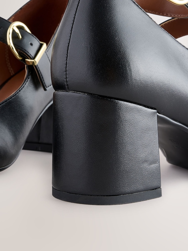 Black Forever Comfort® Round Toe Double Buckle Block Heel Shoes - Image 10 of 10